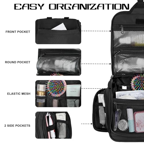 Goloni Hanging Toiletry Bag, 10 Compartments Water-Resistant Makeup Bag with 360° Spinning Metal Hook, Large Travel Cosmetic Organizer for Men & Women, Black (7.05oz) - color: Black