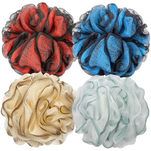 DadyMart Bath Shower Loofah Sponge 60g Bath Mesh Pouf Shower Ball Body Scrubber Exfoliating Bath Sponge for Women and Men, Set of 4, Flower Red - style: Flower Red Blue