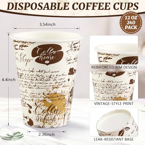 SIUQ Coffee Cups 12 oz 240 Pack, Leak-Proof Disposable Paper Cups with Retro Design, for Hot/Cold Beverages, Ideal for Party, Business, Travel, Picnic, Offices and Cafes - color: 240pack-12oz-brown