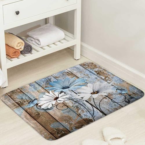 Farmhouse Floral Flower Bath Mat, Daisy Rustic Wooden Plank Country Barn Wood Blue Flower Non-Slip Flannel Soft Doormat Floor Entryways Outdoor Indoor Front Door Mat, (17X29) - color: Blue-01, size: 1'5" x 2'5" (Rectangular)