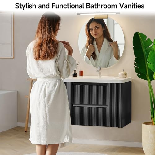 ONBRILL Modern Bathroom Vanity with Sink Combo, Curved Floating Bath Vanity with 2 Drawers, Wall Mount Bathroom Vanities with Integrated Ceramic Sink for Small Space, Apartment (Black, 32“) - color: Black, size: 32“