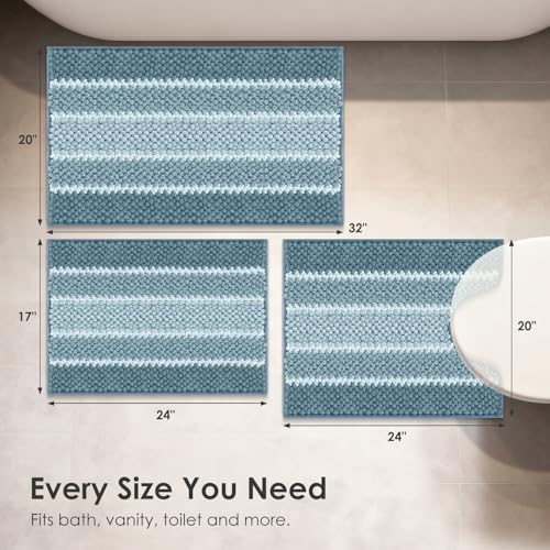 ArtyCozy Chenille Bathroom Rugs 3 Pieces, Extra Thick Absorbent Non Slip Bath Mats with U-Shaped Toilet Rug, Soft Plush Bath Floor Mat Machine Washable, Blue, 17"x24" Plus 20"x32" Plus 20"x24" - color: Blue, size: 17" × 24" + 20" × 32" + 20" × 24"