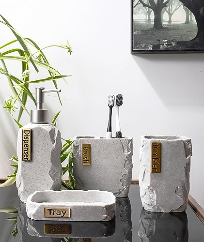 Hymmah Bathroom Accessories Set,Marble Design Toothbrush Holder,Farmhouse Bathroom Decor,4 Pcs Resin Gift Set Apartment Necessities, Contain Toothbrush Cup,Soap Dispenser,Soap Dish,Tumbler - color: Marble Gray