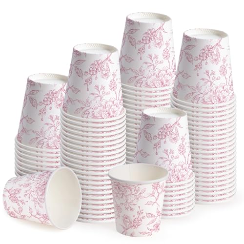 WRAPAHOLIC 3oz Paper Cups - 100 Pack Disposable Bathroom Cups with Toile Red Floral Design, Small Mouthwash Cup for Toothbrush Rinse, Home Bathroom, Picnic, BBQ, Travel and Party - color: Toile Red Floral