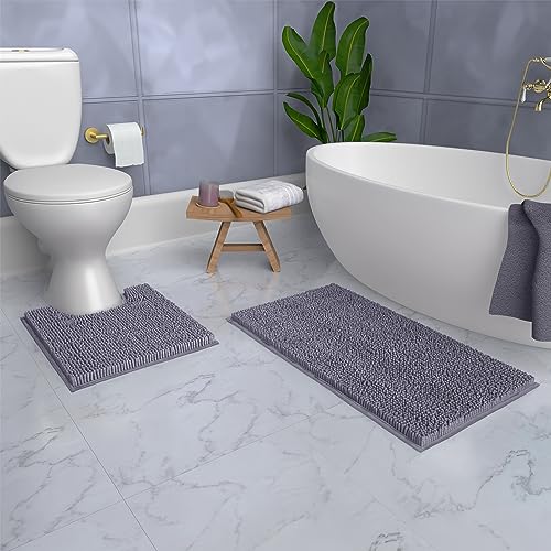 LuxUrux Bathroom Rugs Sets 2 Piece, Bathroom Rug Set, Soft Absorbent Chenille Bath Mat & Contour Toilet Rug, Non Slip, Quick Dry, Machine Washable Shaggy Bathroom Mats (Gray, 20"x30"+20"x20" U-Shaped) - color: Dark Grey, size: 2 Piece Set