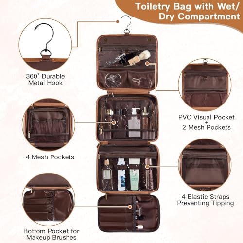 Personalized Gifts 3-in-1 Hanging Travel Toiletry Bag for Men, Laser-Engraved Initial Waterproof PU Leather Shaving Bag Valentines Easter Birthday Gifts for Men Dad Husband Son Light Brown H - color: Light Brown, style: H