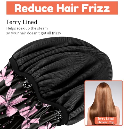 Luxury Shower Cap Terry Lined Reusable Triple Layer Waterproof Hair Elastic Caps Shower Bath Hat for Women Girls Cute Aesthetic-Bowknot - color: AL19-Bowknot