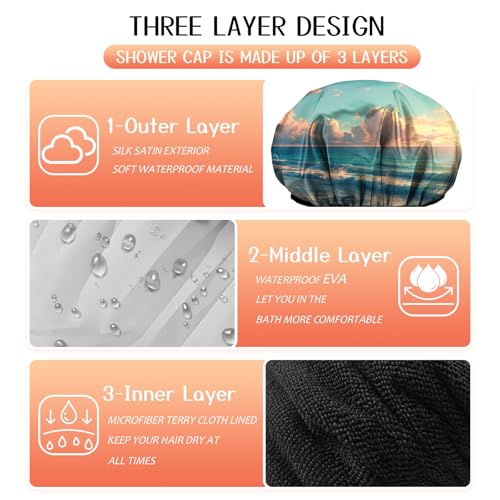 Luxury Shower Cap Terry Lined Reusable Triple Layer Waterproof Hair Elastic Caps Shower Bath Hat for Women Girls Cute Aesthetic-Beach - color: AL3-Beach