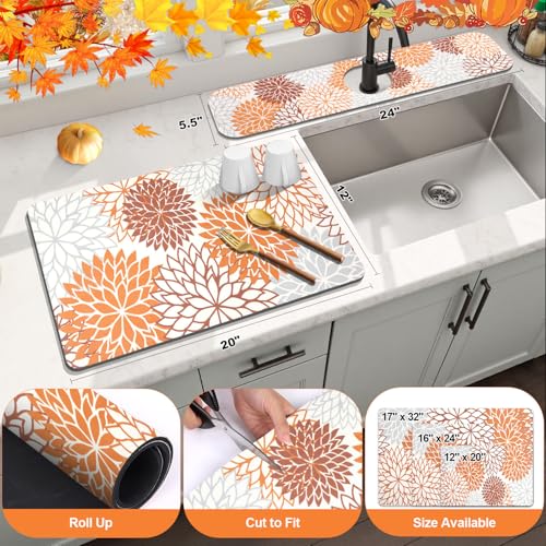 Findosom 2PCS 12" x 20" Fall Dish Drying Mat & 24" x 5.5" Sink Splash Guard, Super Absorbent & Cuttable Dish Mat Drying Kitchen Mat with Orange Floral, Hide Stain Drying Mat for Kitchen Counter - color: Orange, size: 12" X 20" + 24" X 5.5"