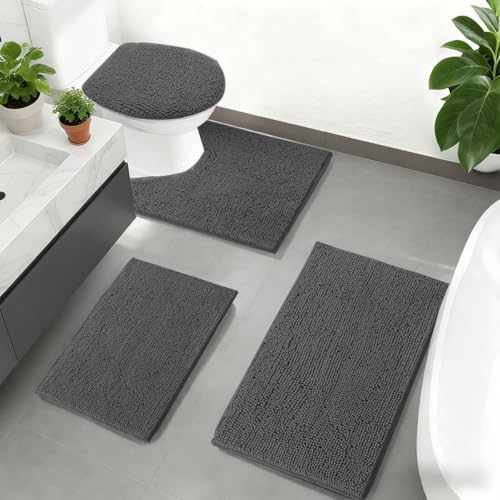 Grey Bathroom Rugs Sets 4 Piece with Toilet Lid Cover, Non Slip Bathroom Mats Extra Soft Chenille Bath Rug Absorbent Shaggy Rugs Perfect Plush Mats U-Shaped Toilet Rug and Toilet Cover Toilet - color: Dark Grey, size: 1'8" x 2'8" (Square + oval + U-shape)