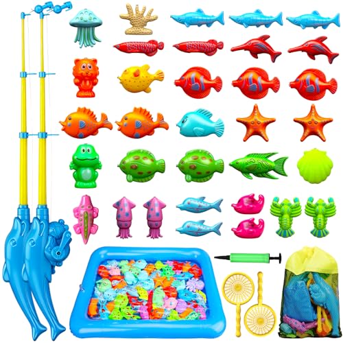 TOY Life 2-Player Magnetic Fishing Game for Kids 3-5 - Toddler Fishing Pole Set with Fish Toys - Bath & Pool Toys - Water Table Accessories - Educational Fishing Toy Rod for Boys Girls - color: 2 Kids Fishing Pole With Inflatable Pool