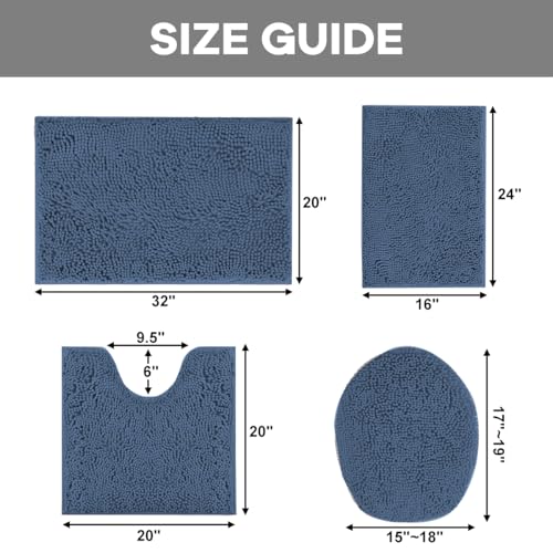 RUN HELIX Blue Bathroom Rugs Sets 4 Piece with Toilet Lid Cover, Non Slip Bathroom Mats Extra Soft Chenille Bath Rugs Absorbent Shaggy Rugs Perfect Plush Mats U-Shaped Toilet Rug Bathoom Set - color: Dark Blue, size: 1'8" x 2'8" (Square + oval + U-shape)