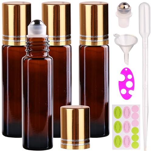 inice 4 Pack Essential Oil Roller Bottles 10ml Amber Glass RollerBall Bottle with Stainless Steel Roller Ball Alloy Cap for Daily Care - color: 4 PACK Amber Roller Bottles