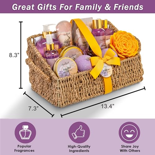 Aqua Elegante Bath Spa Gift Set - 15 Piece Premium Basket with Wash, Bubble Bath, Lotion, Salts, Body Scrub, Towel, Shower Puff, Bathbombs, Reusable Basket, Gifts for Women - Honey & Lavender - size: 15 Piece Set (Reusable Basket)