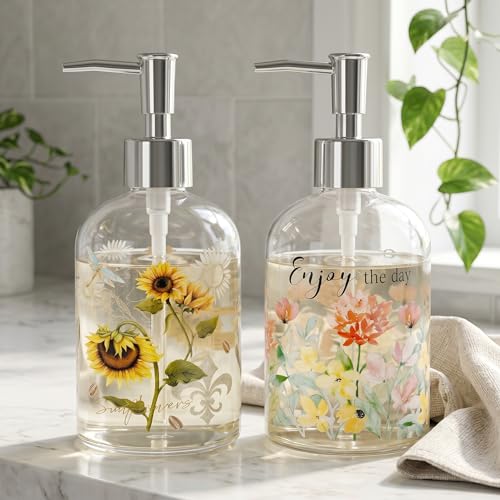 Topadorn Set of 2 Glass Soap Dispensers 17oz, Refillable Clear Liquid Soap Bottles, Sunflower and Floral Bathroom Kitchen Countertop Decor - color: Pink and Yellow