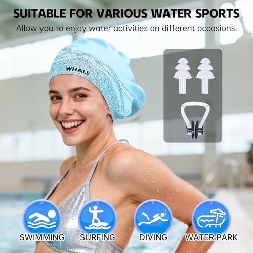 WHALE Extra Large Swim Cap Designed for Men and Women with Thick, Long Hair, Hair Extensions Or Afro-Textured Hair Long-Hair Swim Cap Highly Waterproof to Keep Hair Dry - color: Light blue