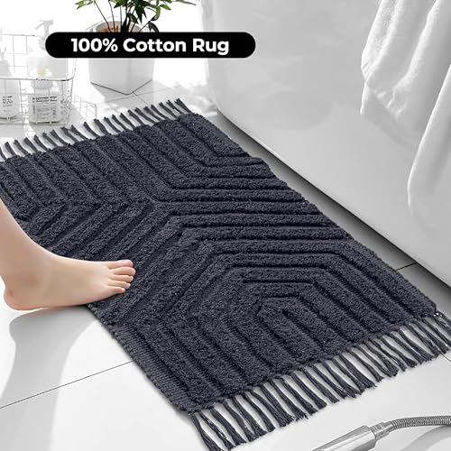 Boho Bathroom Rug 2' x 3', Washable Hand-Woven Tufted Cotton Rug with Tassels for Entryway 24x36 inch, Foyer, Bedroom, or Kitchen - Dark Grey - color: Dk Grey, size: 2' x 3' (Rectangular)