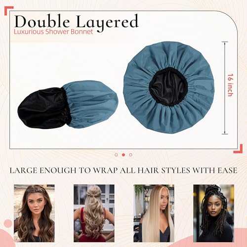 Extra Large Shower Cap for Women, Reusable Waterproof Shower Bonnet with Satin Lining, Double Layer Washable Bath Hair Cap for Braids, Locs, Long Thick Curly Hair, Natural Hair(Big Haze Blue) - color: Haze Blue