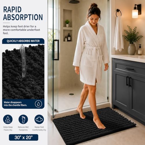 Yimobra Black Bathroom Rug Set 3 Piece - Super Absorbent Quick Dry Chenille Bath Mats & Toilet Rug, Non Slip Machine Washable, Extra Thick Shaggy Floor Mat for Shower Tub Sink - color: Black, size: 24"x17" + 24"x20" + 30"x20"