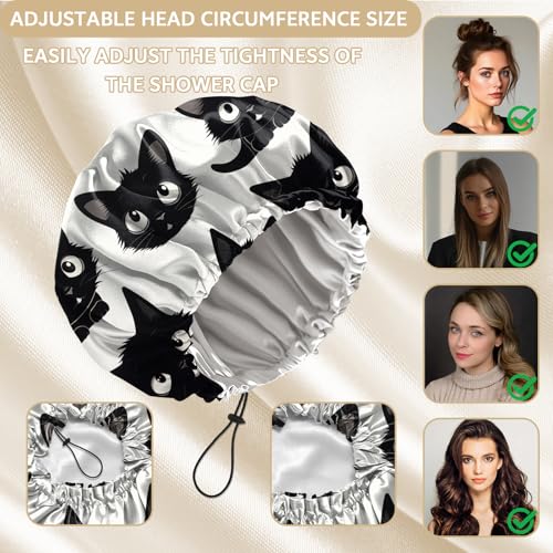 Shower Cap Adjustable Waterproof Double Layer Elastic Reusable Hair Bath Cap Cute Aesthetic for Women Girls-Cat - color: R3-Cat