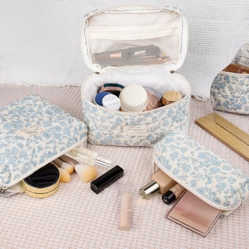Gosect Quilted Makeup Bag Set, Large Floral Cosmetic Bag for Women, Cute Cotton Makeup Bag, Flower Travel Toiletry Organizer Bag. (Navy Blue) - color: Navy Blue