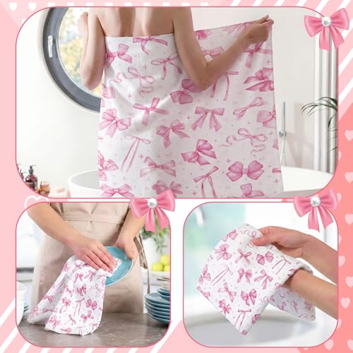 Moukeren Set of 3 Pink Bow Bath Towels Cute Coquette Bow Bath Towel Hand Towel and Washcloth Soft Decorative Towels for Girls Womens Bathroom Kitchen Pool Gym Spa Yoga - style: Pink Bow