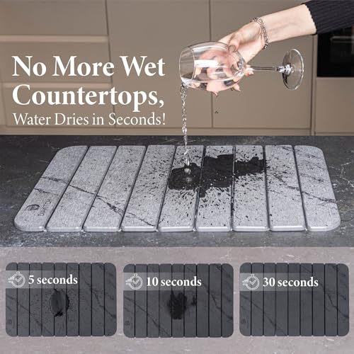 Stone Drying Mat for Kitchen Counter – Super Absorbent Stone Dish Drying Mat, Foldable & Quick Dry, Diatomaceous Earth Mat for Dish & Bottle, Ideal for Kitchen - 23.6" x 15.4", Dark Grey