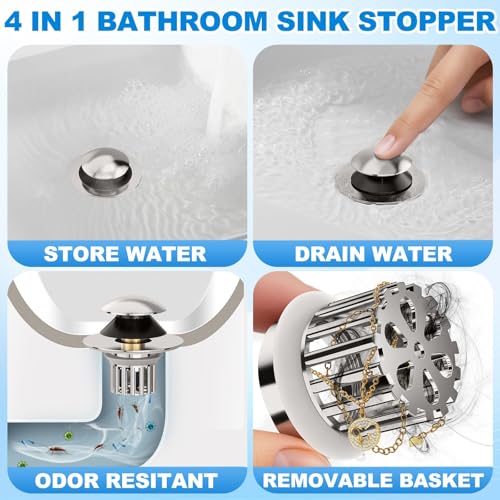 Universal 3 in 1 Bathroom Sink Drain Strainer,Pop Up Bathroom Sink Stopper with Removable Filter Basket,Sink Hair Catcher,Bathroom Drain Stopper Sink Plug for 1.1"-1.65" Basin Drain Holes - color: Brushed Nickel