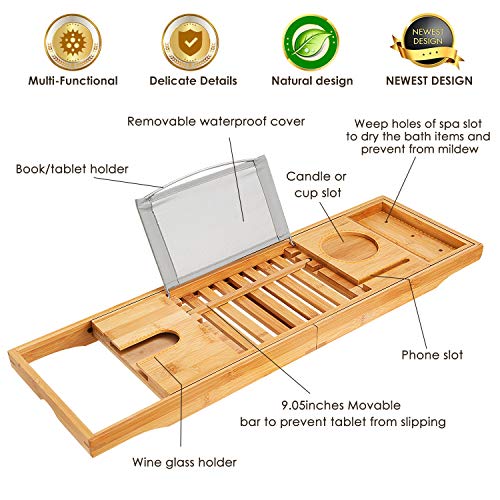 Moclever Bathtub Caddy Trays - Premium Bamboo Bath Trays with Extending Sides, Reading Rack, Tablet Holder, Cell Phone Tray and Luxury Wine Glass Holder - Natural Bamboo Color