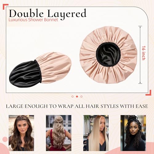 Extra Large Shower Cap for Women, Reusable Waterproof Shower Bonnet with Satin Lining, Double Layer Washable Bath Hair Cap for Braids, Locs, Long Thick Curly Hair, Natural Hair(Big Beige) - color: Beige