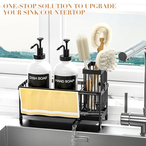 Kitchen Soap Dispenser Set with Sponge Holder and Towel Rack, 17OZ Glass Bottle, Hand and Dish Soap Dispenser Set, Non-Slip Silicone Pad, Brush Holder, Kitchen Sink Caddy Organizer Countertop (White) - color: White