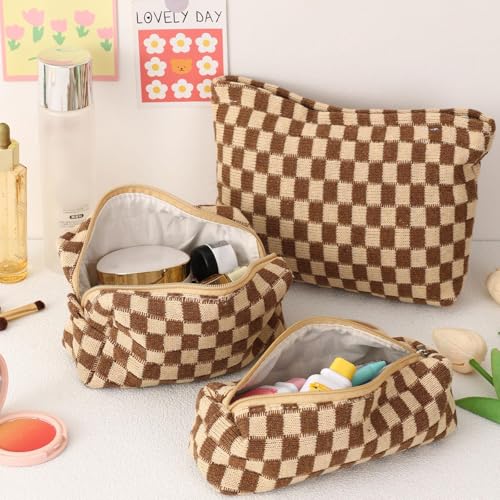 LYDZTION Makeup Bag Cosmetic Bag for Women,1Pcs Large Capacity Makeup Bags and 1Pcs Pencil Case Makeup Brushes Storage Bag Travel Toiletry Bag Organizer - color: 3pcs brown