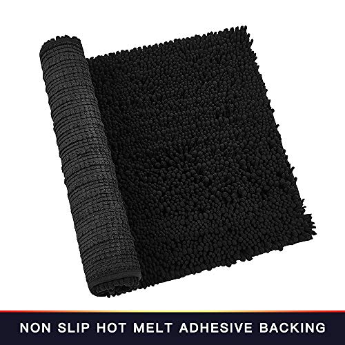 Walensee Bathroom Rug Non Slip Bath Mat (32x20 Inch Black) Water Absorbent Super Soft Shaggy Chenille Machine Washable Dry Extra Thick Perfect Absorbant Best Large Plush Carpet for Shower Floor - color: Black, size: 32"x20"