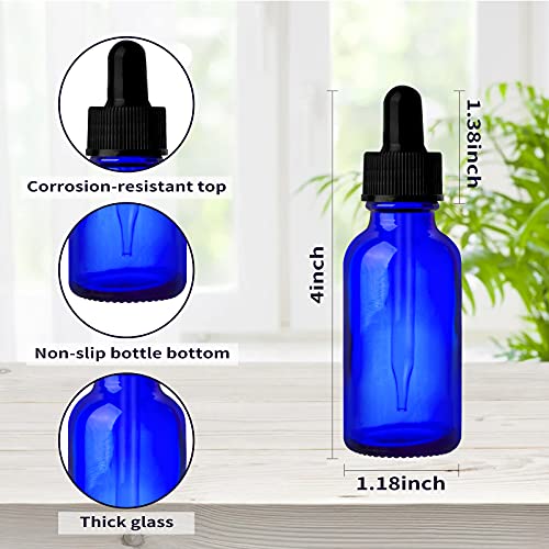 24 Pack 1oz Cobalt Blue Glass Bottles with Glass Eye Droppers for Essential Oils, Perfumes & Lab Chemicals (Brush, Funnels, 2 Extra Droppers, 36 Pieces Labels & 30ml Measuring Cup Included) - color: Cobalt Blue