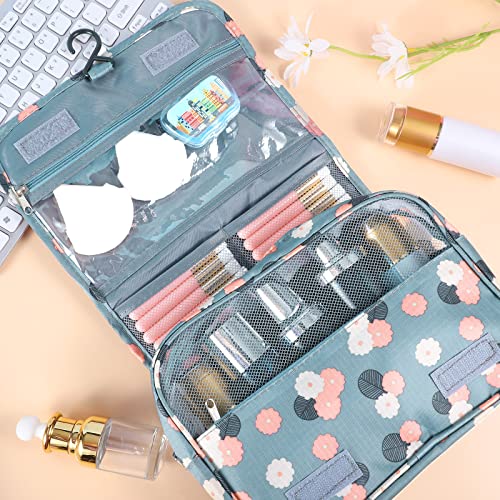 Hanging Toiletry Bag for Women, Portable Cosmetic Summer Beach Bag, Floral | 4 compartments, hanging hook, blue travel makeup bag, waterproof nylon, fold-out design, white pink floral, 9.4x6.8 in folded - color: Blue