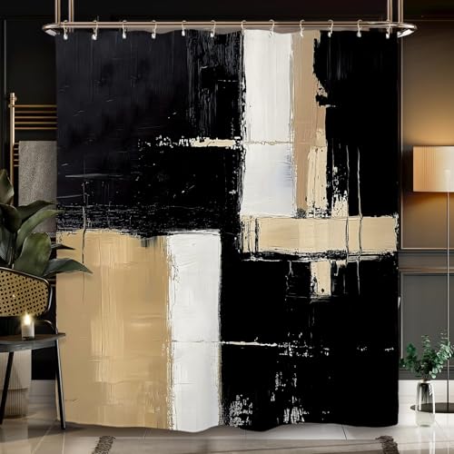Miyotaa Abstract Black Tan Modern Shower Curtain Set 60Wx71H Inches Painting Contemporary Minimalist Brushstroke Art Neutral Waterproof Bathroom Curtain with 12 Hooks - color: Black Tan Painting, size: 60"W x 71"L (Pack of 1)