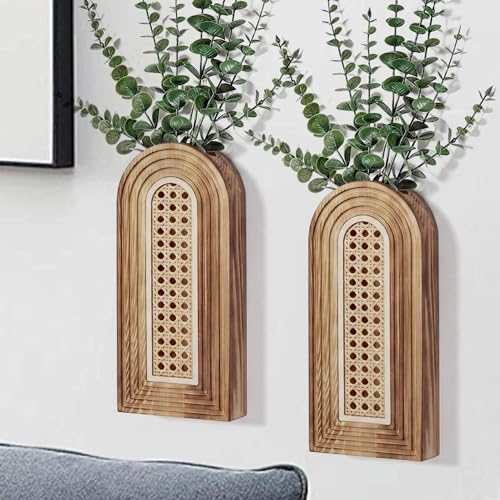 Dnnnii 2 Pack Wooden Wall Vase Set - Brown Finish Hollow Rattan Modern Farmhouse & Boho Wall Decor for Entryway, Hallway, Bathroom, Living Room, Dining Room, Narrow Spaces - color: Rattan-brown