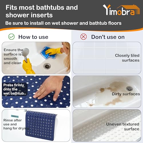 Yimobra Bathtub Mat Non Slip, 34.5"X15.5" Long Shower Mat for Inside Shower, Machine Washable Bath Mat with Drain Holes & Strong Suction Cups, Soft on Feet, Bathroom Essentials, Dark Blue - color: Dark Blue, size: 34.5 X 15.5 Inch