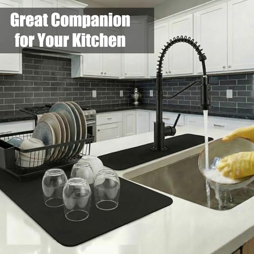 Customizable 24x5.5 Kitchen Sink Faucet Mat & 24x16 Dish Drying Mat Set | Absorbent Microfiber Splash Guard Trimmable to Fit 2 & 3 Holes Faucet & Soap Dispenser - Cuttable Counter Protector