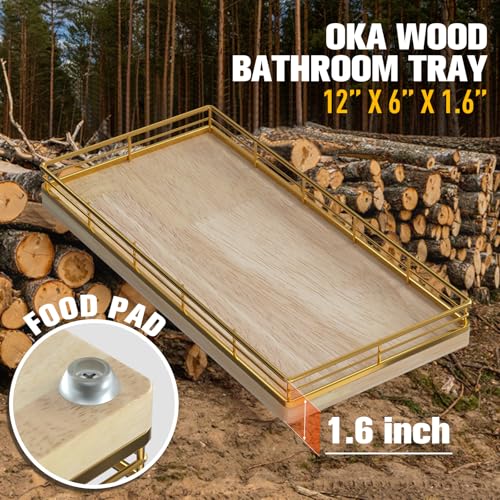 Bathroom Vanity Tray for Countertop, 12" x 6" Oak Wood Toilet Tank Tray | Metal Guardrail, Bathroom Organizer for Soap, Perfume & Skincare, Non-Slip Decorative Tray for Dresser, Gold & Natural Oak - color: Natural, size: 12" x 6" x 1.5"