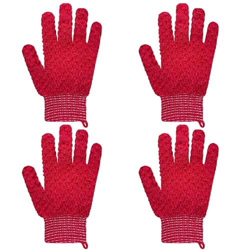 Exfoliating Bath Gloves 2 Pairs - Heavy Texture Body Scrub Gloves for Shower, Spa, Massage and Body Scrubs, Dead Skin Remover, Washing Gloves with Hanging Loop(Red) - color: Red