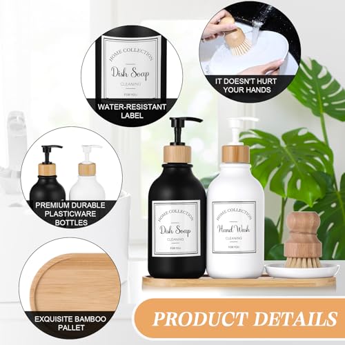 Zopeal 4 Pcs 16 oz Kitchen Soap Dispenser Set with Bamboo Tray and Dish Brush Plastic Soap Dispenser Set with Waterproof Labels for Hand Dish Lotion(Matte Black,White) - color: Matte Black,white