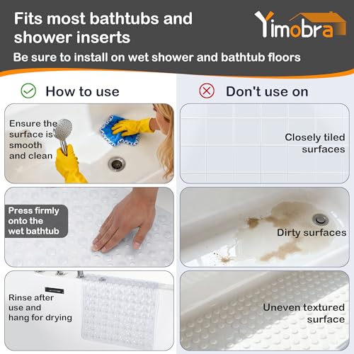 Yimobra Bath Tub Mat Non Slip, 34.5"X15.5" Long Shower Mat, Machine Washable Bathmat with Drain Holes and Suction Cups, Soft on Feet, Bathroom Essentials, Clear - color: Clear, size: 34.5 X 15.5 Inch