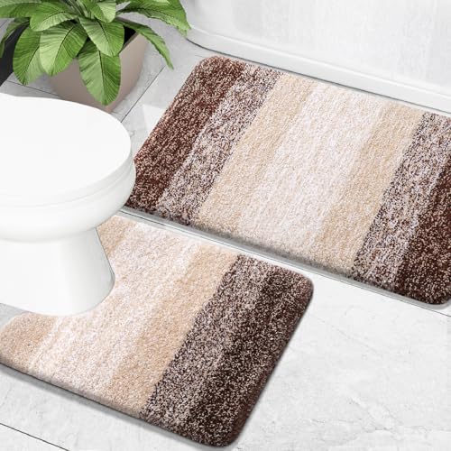 OLANLY Bathroom Rug Set 2 Piece, Soft Absorbent Microfiber Bath Mats and U-Shaped Contour Toilet Rug, Non-Slip, Machine Wash Dry, Plush Shaggy Bath Mats for Bathroom (24"x16"+24"x20", Brown) - color: Brown, size: 24" X 16" + U24" X 20"