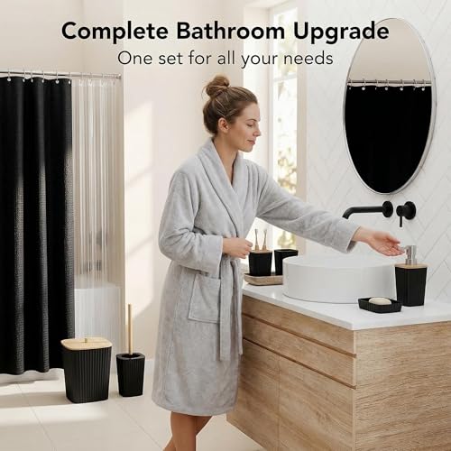 Bathroom Accessory Set 7 Pcs, Plastic Bathroom Set with Bamboo Cover Include Soap Dish, Toothbrush Holder, Mousewash Cup, Shower Curtain Set, Soap Dispenser, Trash Can & Toilet Brush - color: Black, size: 7pack