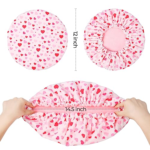 Shower Cap for Women Terry Lined Bath Cap Large Reusable Waterproof Elastic Band Pink Shower Caps for Long Thick Hair Soft Bath Shower Hair Caps - color: Pink Hearts