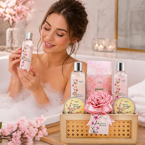Cherry Blossom Spa Gift Basket for Women – Luxury Bath & Body Gift Set with Shower Gel, Bubble Bath, Body Scrub, Lotion & Bath Salts – Mother’s Day Self Care Gift for Mom