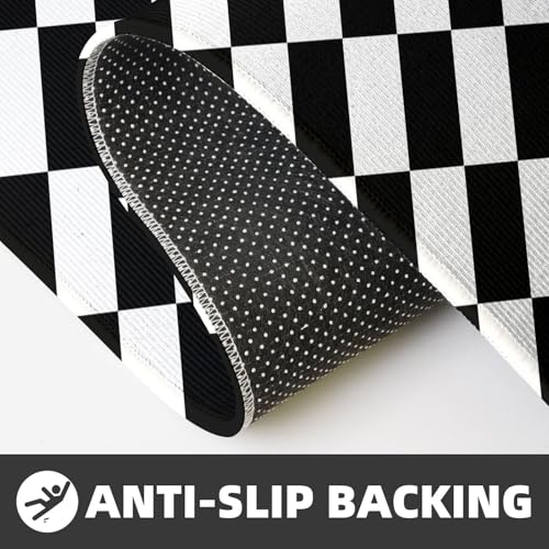 Black and White Checkered Kitchen Rugs Microfiber Floor Mats Checkerboard Cushioned Carpet Runner Rug for Laundry Bathroom Living Room, 2 Piece Set 17"X 47" + 17"X 30" - color: Black and White Checkered