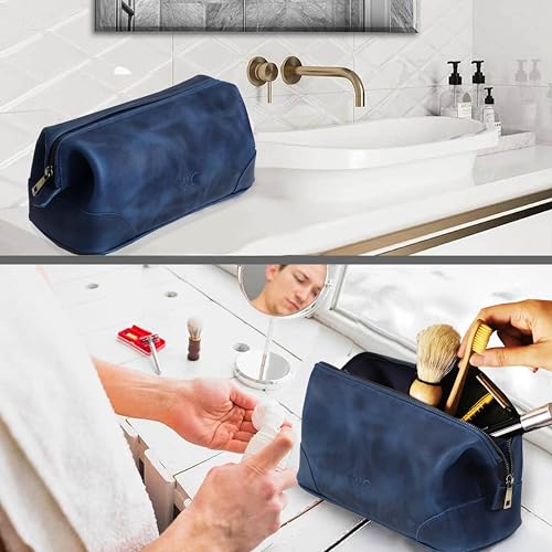 HLC Leather Toiletry Bag for Men - Best Gift for Men - Premium Genuine Leather Dopp Kit Shaving Kit Organizer Travel Kit Pouch Bag for Men - Large Size (blue) - color: blue