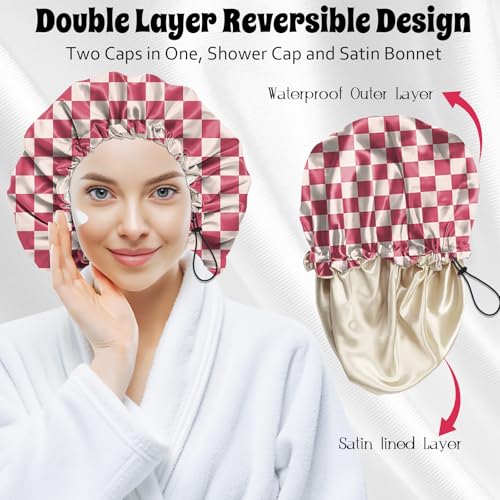 Luxury Shower Cap Satin Lined Reusable Waterproof Double Layer Elastic Adjustable Hair Bath Cap Cute Aesthetic Women Girls-Pink Checkered - color: F14-Pink Checkered